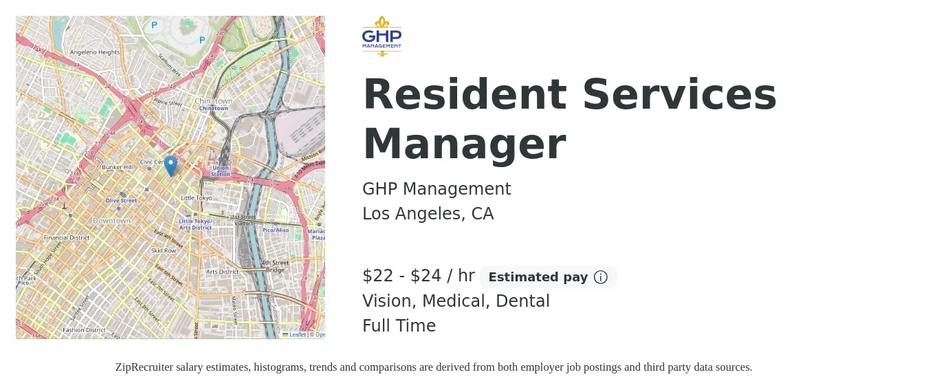 GHP Management job posting for a Resident Services Manager in Los Angeles, CA with a salary of $23 to $25 Hourly and benefits including dental, life_insurance, medical, pto, retirement, and vision with a map of Los Angeles location.