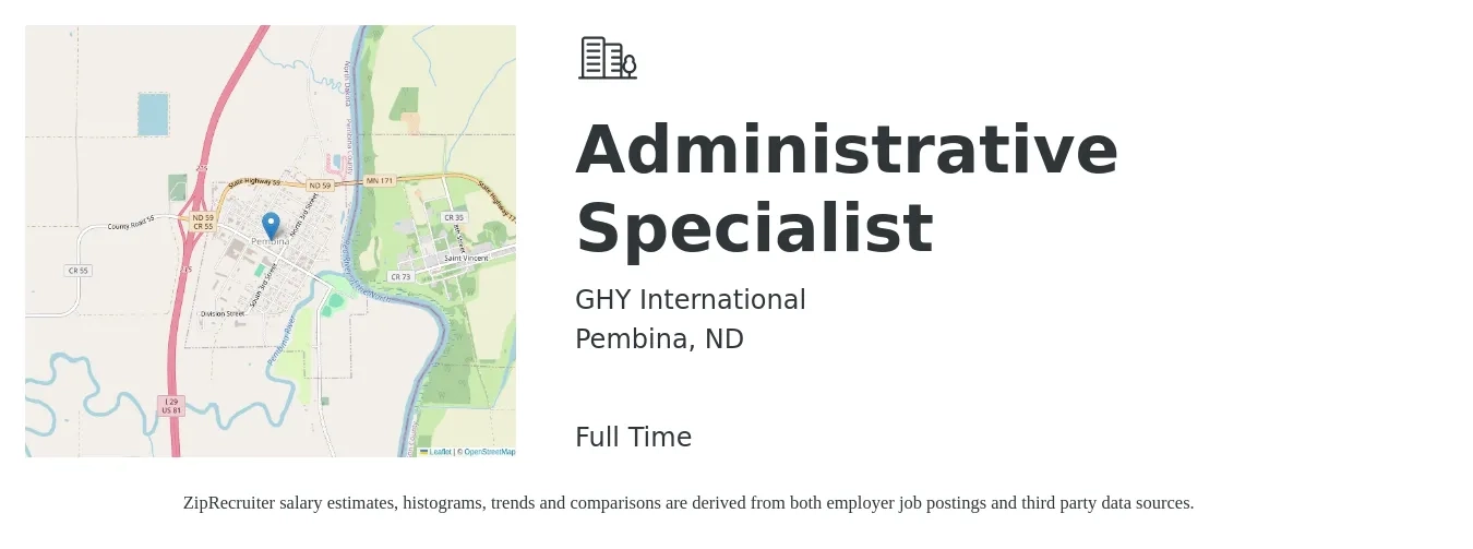 GHY International job posting for a Administrative Specialist in Pembina, ND with a salary of $17 to $20 Hourly with a map of Pembina location.