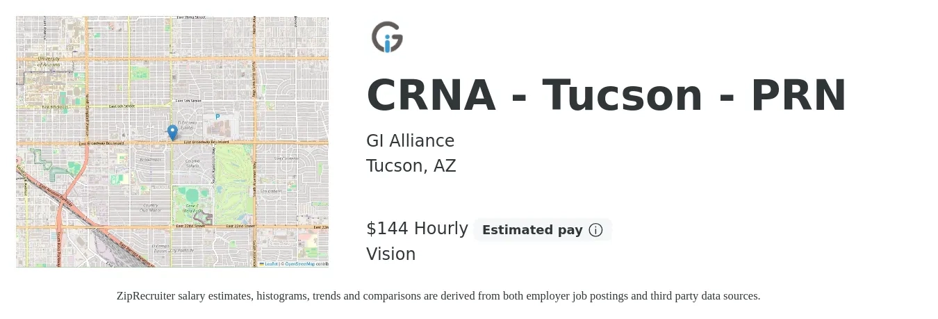 GI Alliance job posting for a CRNA - Tucson - PRN in Tucson, AZ with a salary of $150 Hourly and benefits including retirement, and vision with a map of Tucson location.