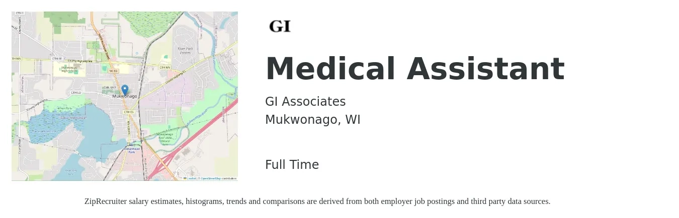 GI Associates job posting for a Medical Assistant in Mukwonago, WI with a salary of $18 to $22 Hourly with a map of Mukwonago location.