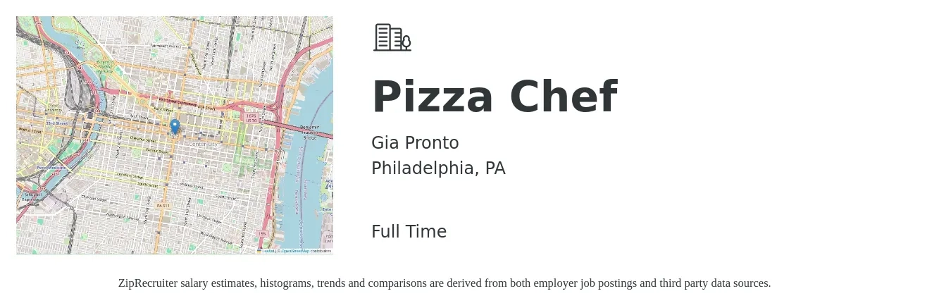 Gia Pronto job posting for a Pizza Chef in Philadelphia, PA with a salary of $17 to $19 Hourly with a map of Philadelphia location.