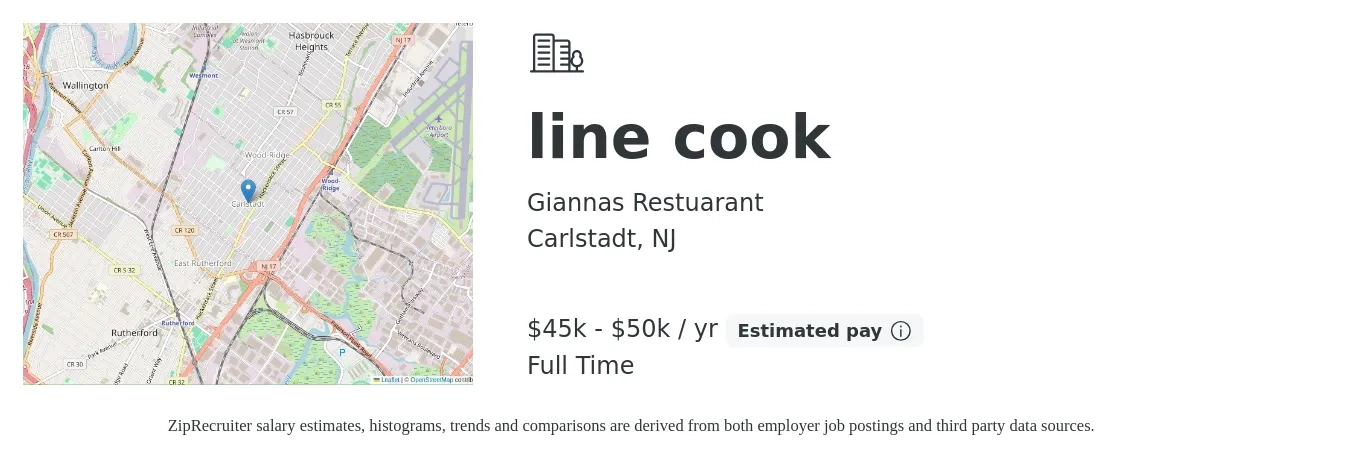 Giannas Restuarant job posting for a line cook in Carlstadt, NJ with a salary of $45,000 to $50,000 Yearly with a map of Carlstadt location.
