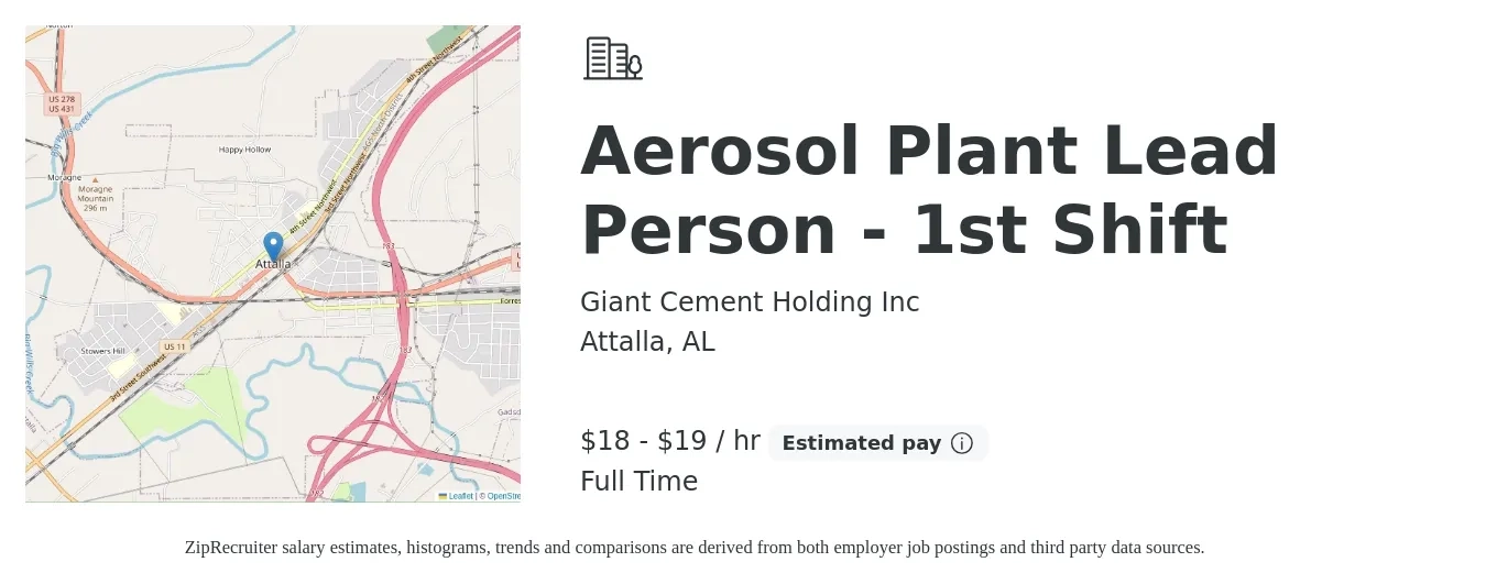 Giant Cement Holding Inc job posting for a Aerosol Plant Lead Person - 1st Shift in Attalla, AL with a salary of $19 to $20 Hourly with a map of Attalla location.