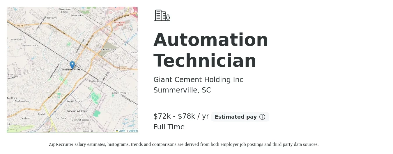 Giant Cement Holding Inc job posting for a Automation Technician in Summerville, SC with a salary of $72,000 to $78,000 Yearly with a map of Summerville location.