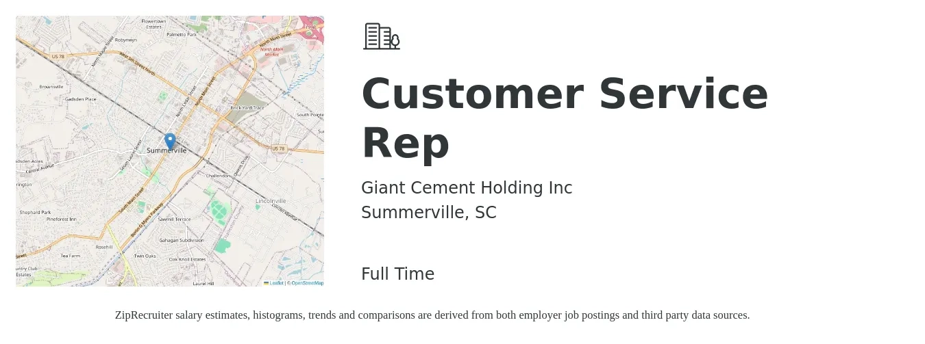 Giant Cement Holding Inc job posting for a Customer Service Rep in Summerville, SC with a salary of $14 to $20 Hourly with a map of Summerville location.