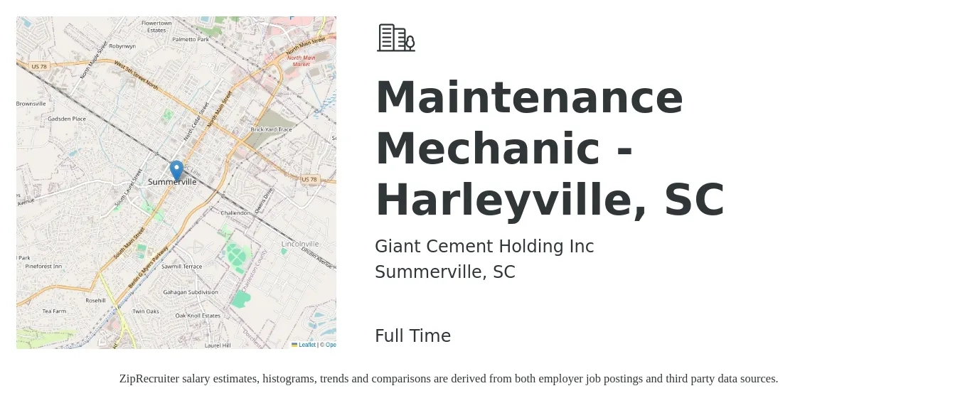 Giant Cement Holding Inc job posting for a Maintenance Mechanic - Harleyville, SC in Summerville, SC with a salary of $22 to $29 Hourly with a map of Summerville location.