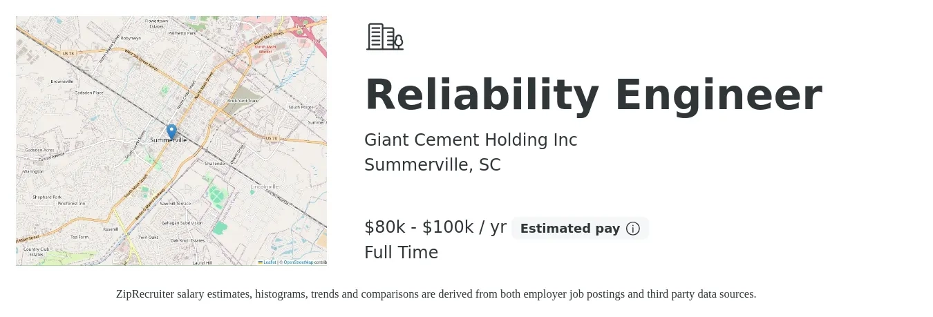 Giant Cement Holding Inc job posting for a Reliability Engineer in Summerville, SC with a salary of $80,000 to $100,000 Yearly with a map of Summerville location.