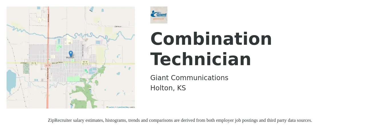 Giant Communications job posting for a Combination Technician in Holton, KS with a salary of $18 to $23 Hourly with a map of Holton location.