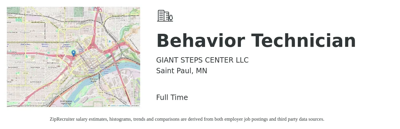 GIANT STEPS CENTER LLC job posting for a Behavior Technician in Saint Paul, MN with a salary of $18 to $24 Hourly with a map of Saint Paul location.