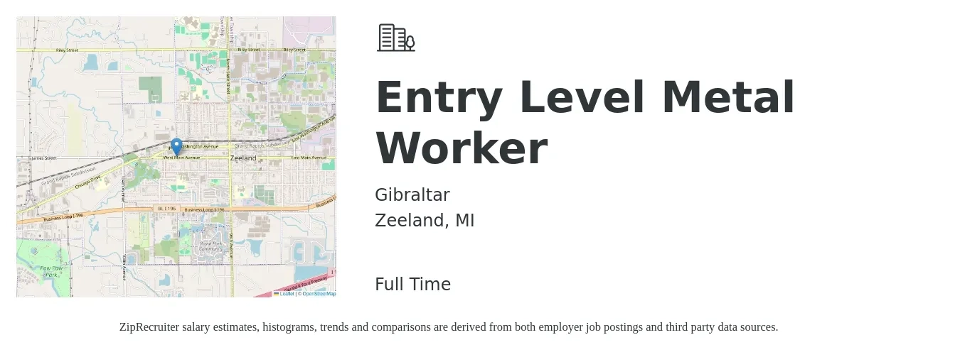 Gibraltar job posting for a Entry Level Metal Worker in Zeeland, MI with a salary of $16 to $24 Hourly with a map of Zeeland location.