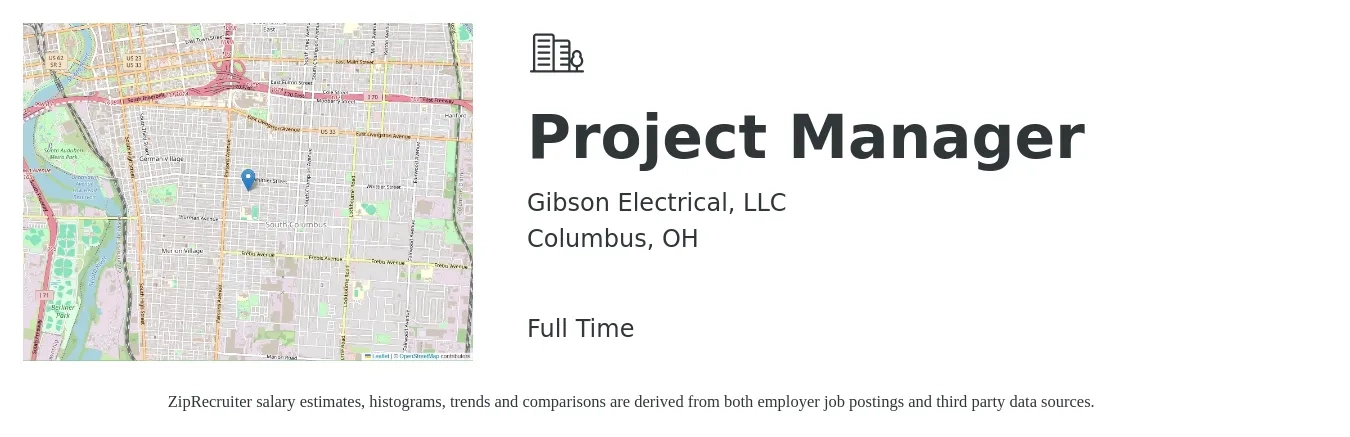 Gibson Electrical, LLC job posting for a Project Manager in Columbus, OH with a salary of $75,800 to $118,800 Yearly with a map of Columbus location.