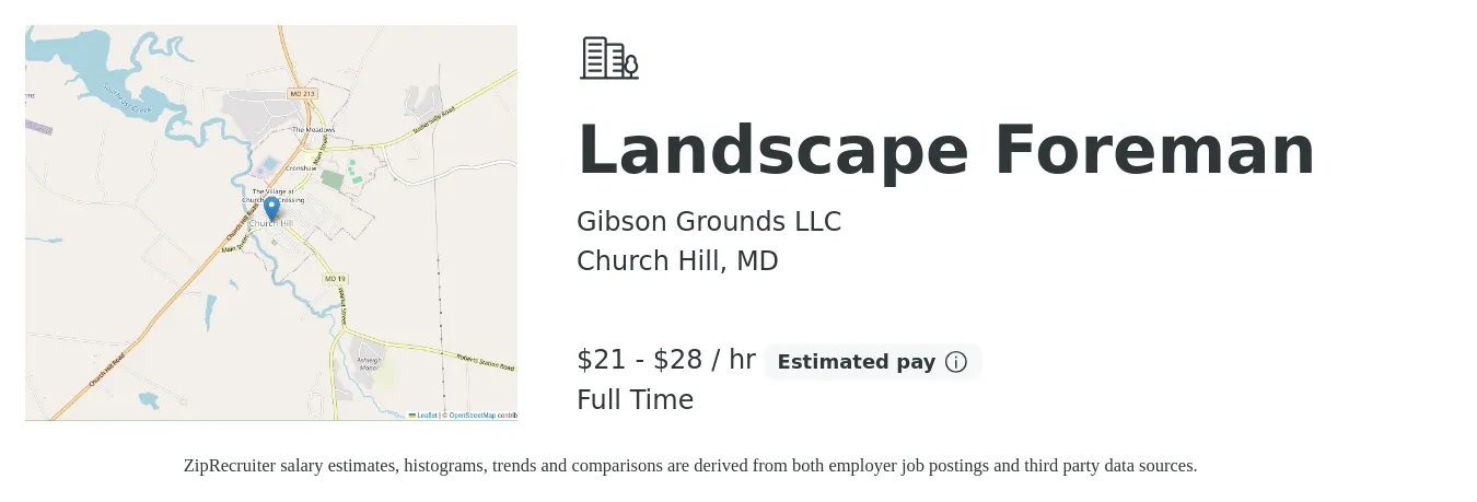 Gibson Grounds LLC job posting for a Landscape Foreman in Church Hill, MD with a salary of $22 to $30 Hourly with a map of Church Hill location.