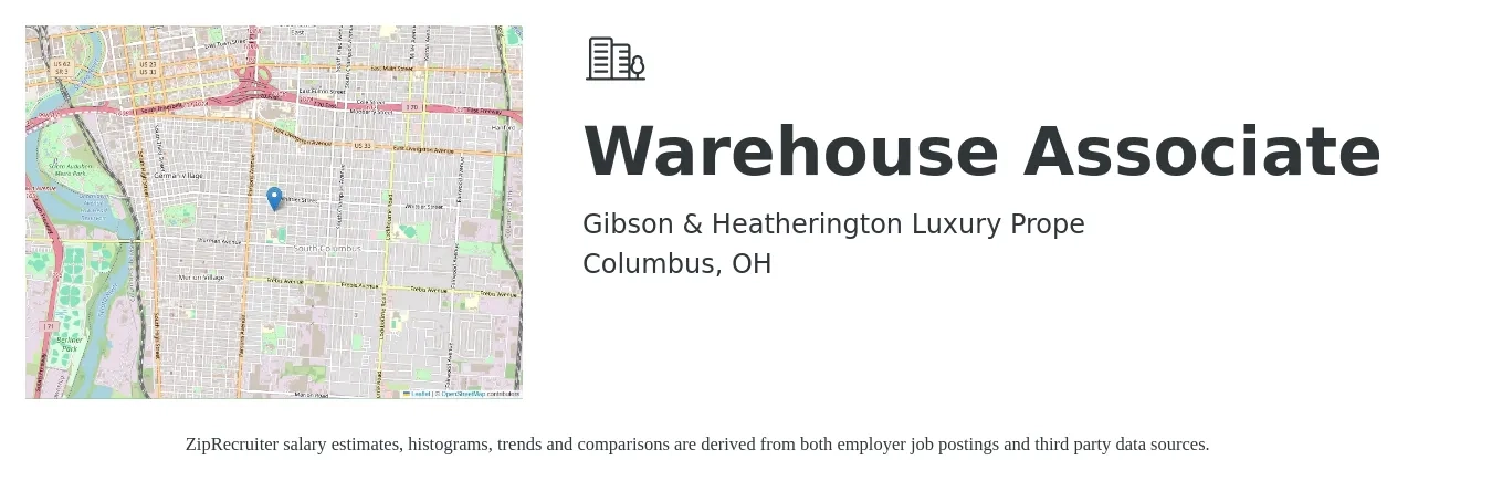 Gibson & Heatherington Luxury Prope job posting for a Warehouse Associate in Columbus, OH with a salary of $15 to $19 Hourly with a map of Columbus location.