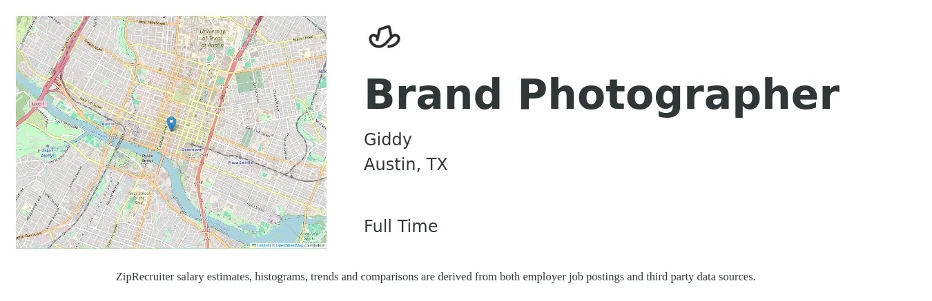 Giddy job posting for a Brand Photographer in Austin, TX with a salary of $16 to $22 Hourly with a map of Austin location.