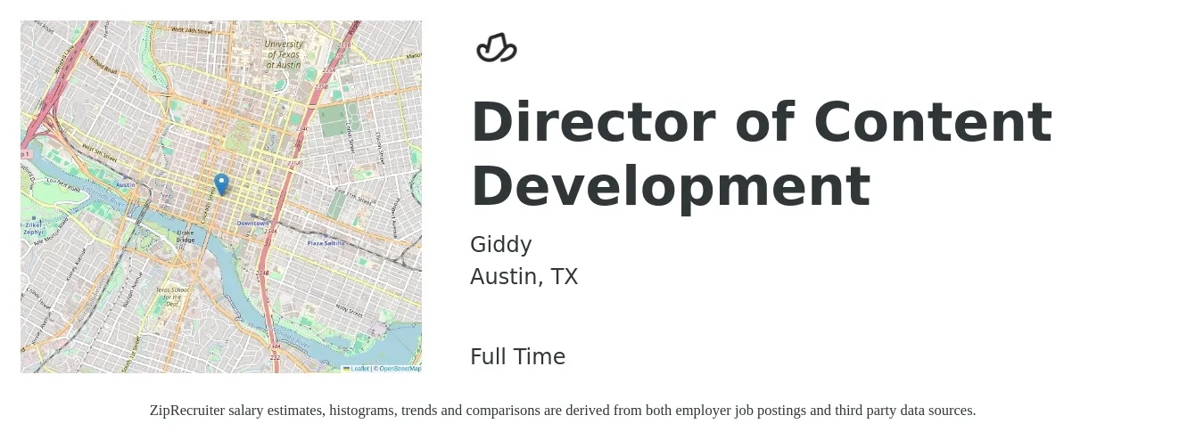 Giddy job posting for a Director of Content Development in Austin, TX with a salary of $83,300 to $160,600 Yearly with a map of Austin location.