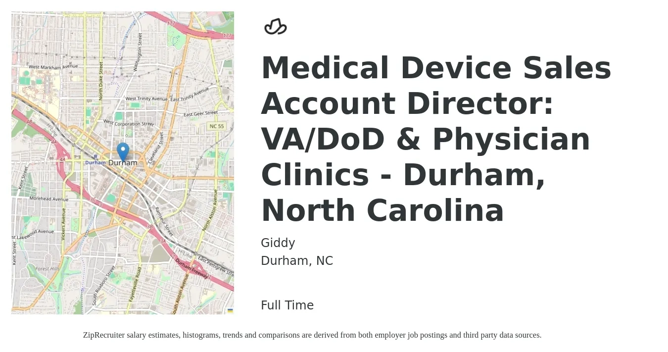 Giddy job posting for a Medical Device Sales Account Director: VA/DoD & Physician Clinics - Durham, North Carolina in Durham, NC with a salary of $96,600 to $141,100 Yearly with a map of Durham location.