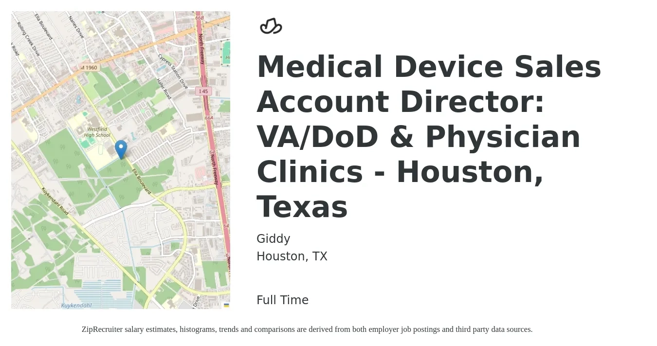 Giddy job posting for a Medical Device Sales Account Director: VA/DoD & Physician Clinics - Houston, Texas in Houston, TX with a salary of $95,500 to $139,400 Yearly with a map of Houston location.
