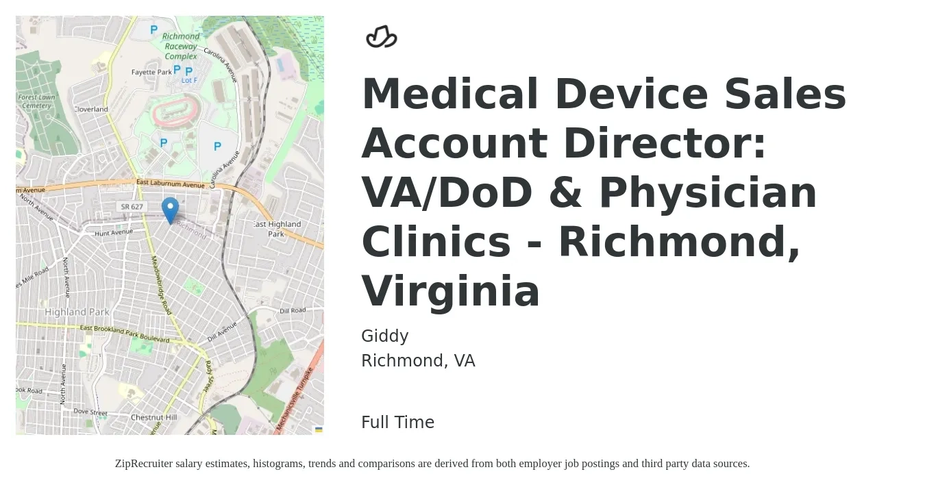 Giddy job posting for a Medical Device Sales Account Director: VA/DoD & Physician Clinics - Richmond, Virginia in Richmond, VA with a salary of $99,000 to $144,500 Yearly with a map of Richmond location.