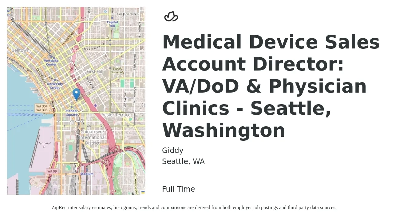 Giddy job posting for a Medical Device Sales Account Director: VA/DoD & Physician Clinics - Seattle, Washington in Seattle, WA with a salary of $113,800 to $166,200 Yearly with a map of Seattle location.