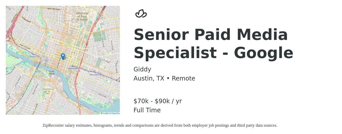 Giddy job posting for a Senior Paid Media Specialist - Google in Austin, TX with a salary of $70,000 to $90,000 Yearly with a map of Austin location.