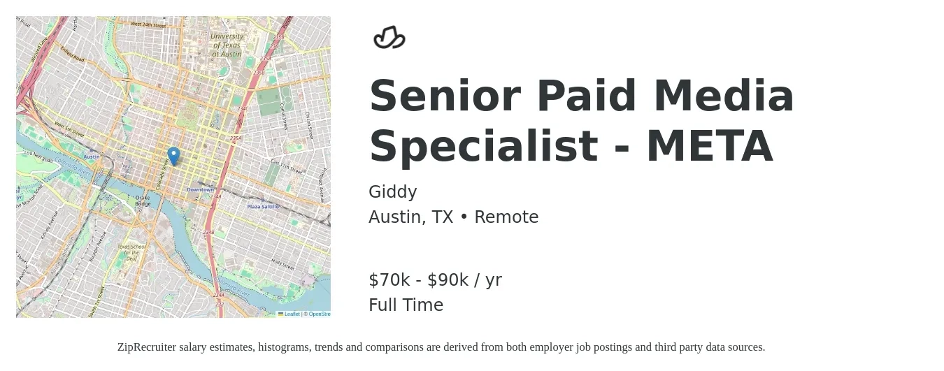 Giddy job posting for a Senior Paid Media Specialist - META in Austin, TX with a salary of $70,000 to $90,000 Yearly with a map of Austin location.