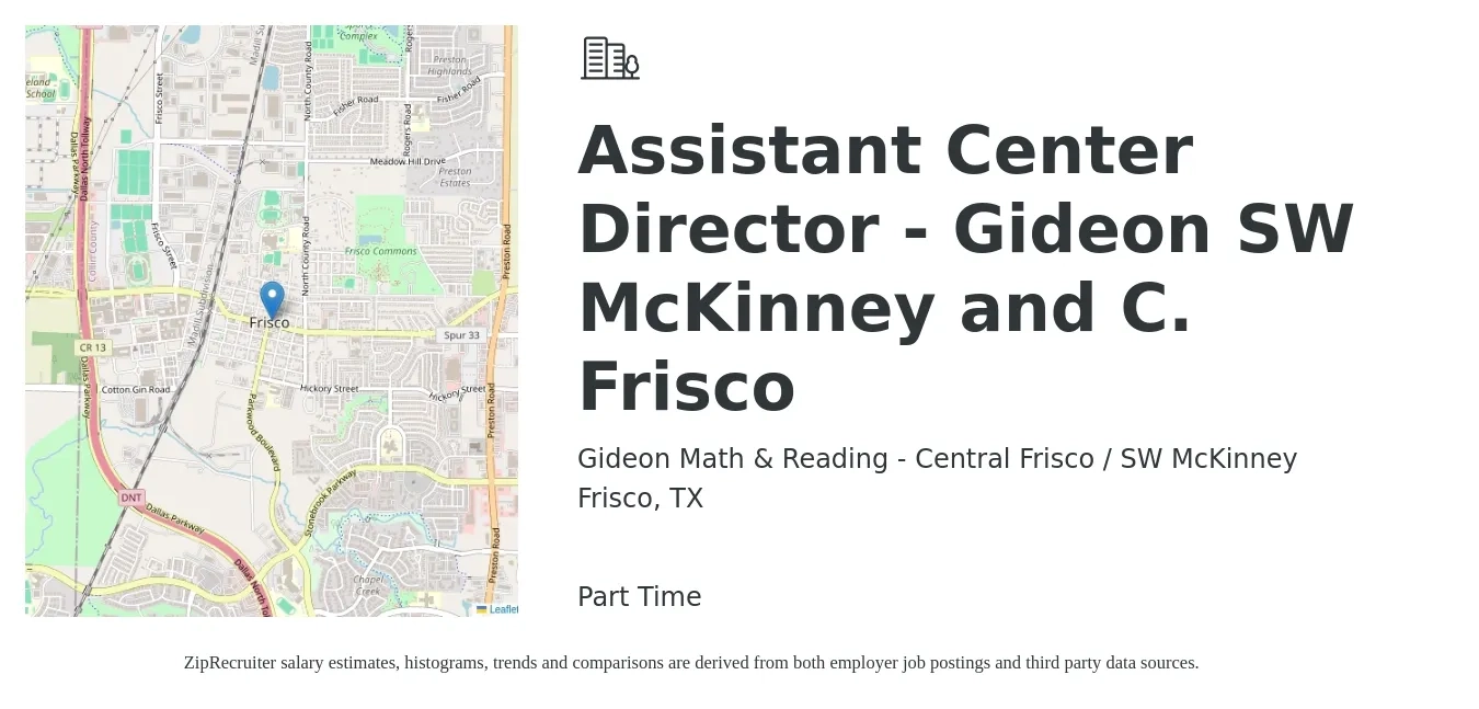 Gideon Math & Reading - Central Frisco / SW McKinney job posting for a Assistant Center Director - Gideon SW McKinney and C. Frisco in Frisco, TX with a salary of $41,700 to $83,900 Yearly with a map of Frisco location.