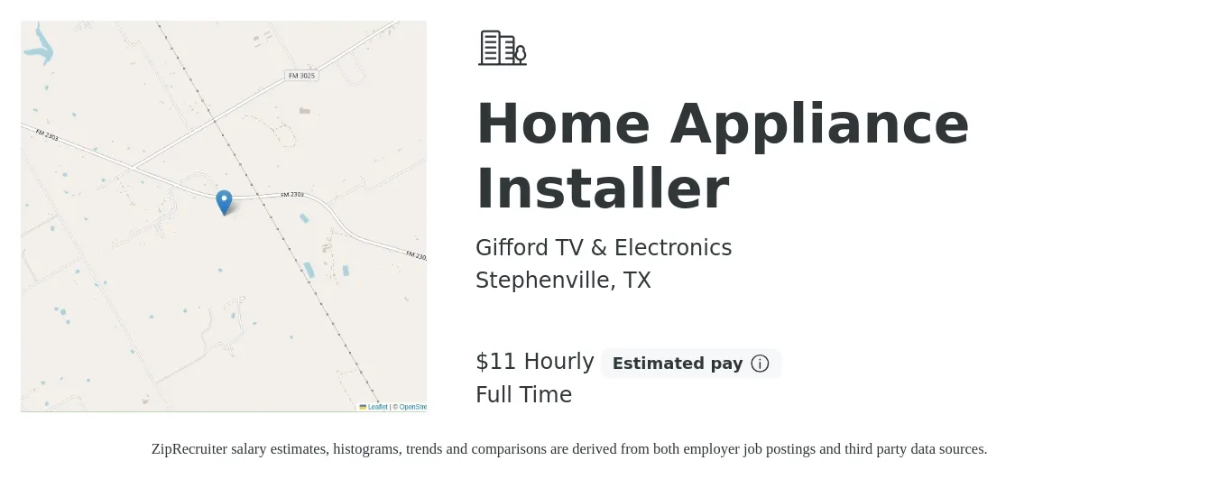 Gifford TV & Electronics job posting for a Home Appliance Installer in Stephenville, TX with a salary of $12 Hourly with a map of Stephenville location.