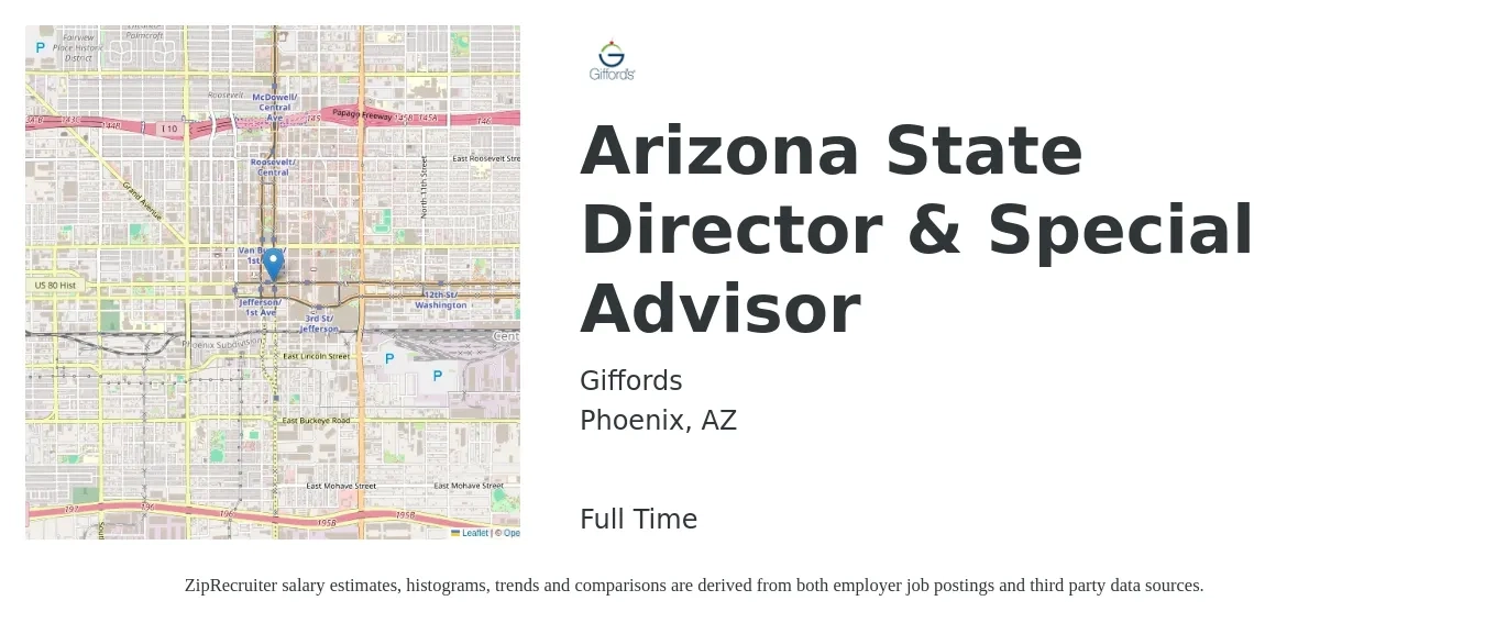 Giffords job posting for a Arizona State Director & Special Advisor in Phoenix, AZ with a salary of $21 to $28 Hourly with a map of Phoenix location.