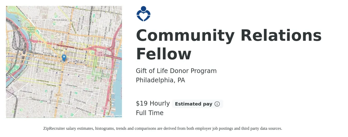 Gift of Life Donor Program job posting for a Community Relations Fellow in Philadelphia, PA with a salary of $20 Hourly with a map of Philadelphia location.