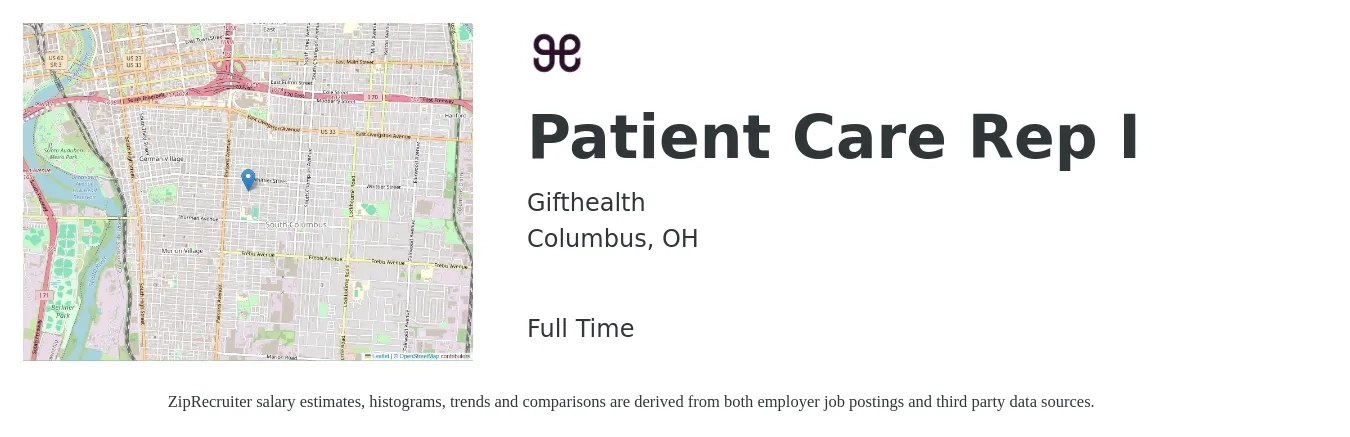 Gifthealth job posting for a Patient Care Rep I in Columbus, OH with a salary of $16 to $20 Hourly with a map of Columbus location.