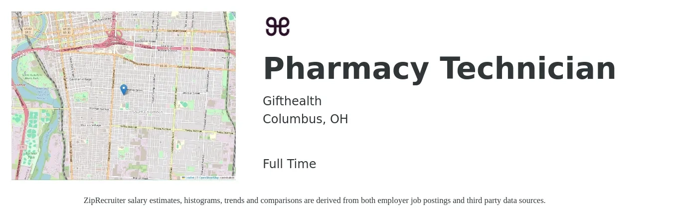 Gifthealth job posting for a Pharmacy Technician in Columbus, OH with a salary of $16 to $22 Hourly with a map of Columbus location.