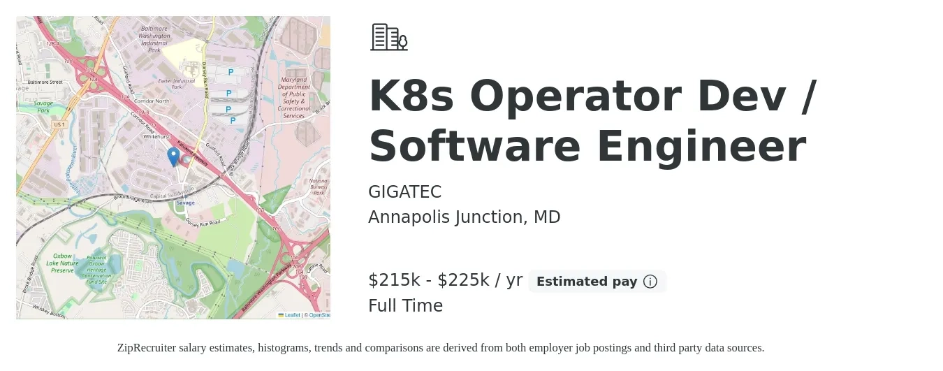 GIGATEC job posting for a K8s Operator Dev / Software Engineer in Annapolis Junction, MD with a salary of $215,000 to $225,000 Yearly with a map of Annapolis Junction location.