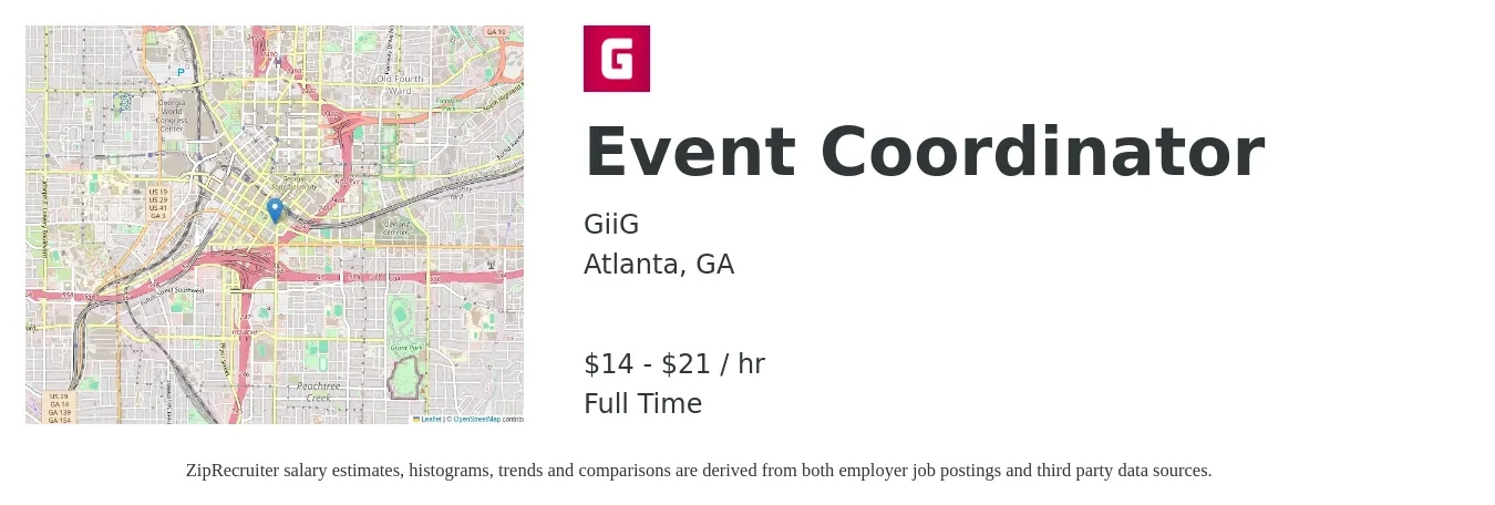 GiiG job posting for a Event Coordinator in Atlanta, GA with a salary of $15 to $22 Hourly with a map of Atlanta location.