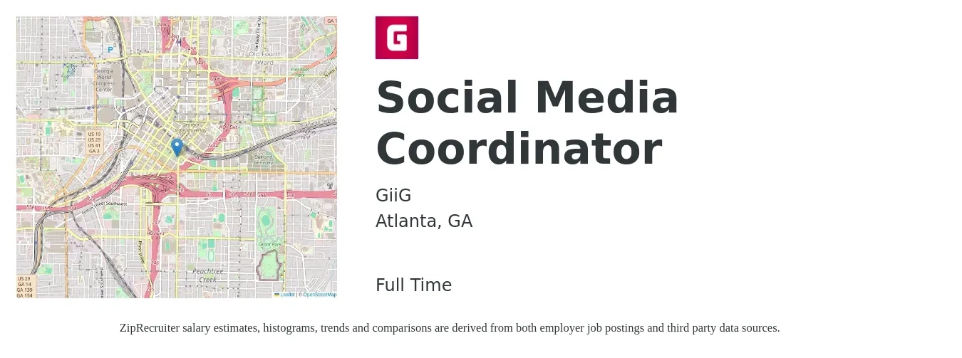 GiiG job posting for a Social Media Coordinator in Atlanta, GA with a salary of $19 to $27 Hourly with a map of Atlanta location.