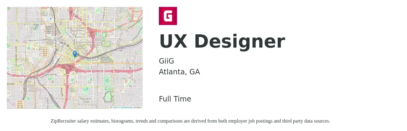 GiiG job posting for a UX Designer in Atlanta, GA with a salary of $87,500 to $120,200 Yearly with a map of Atlanta location.