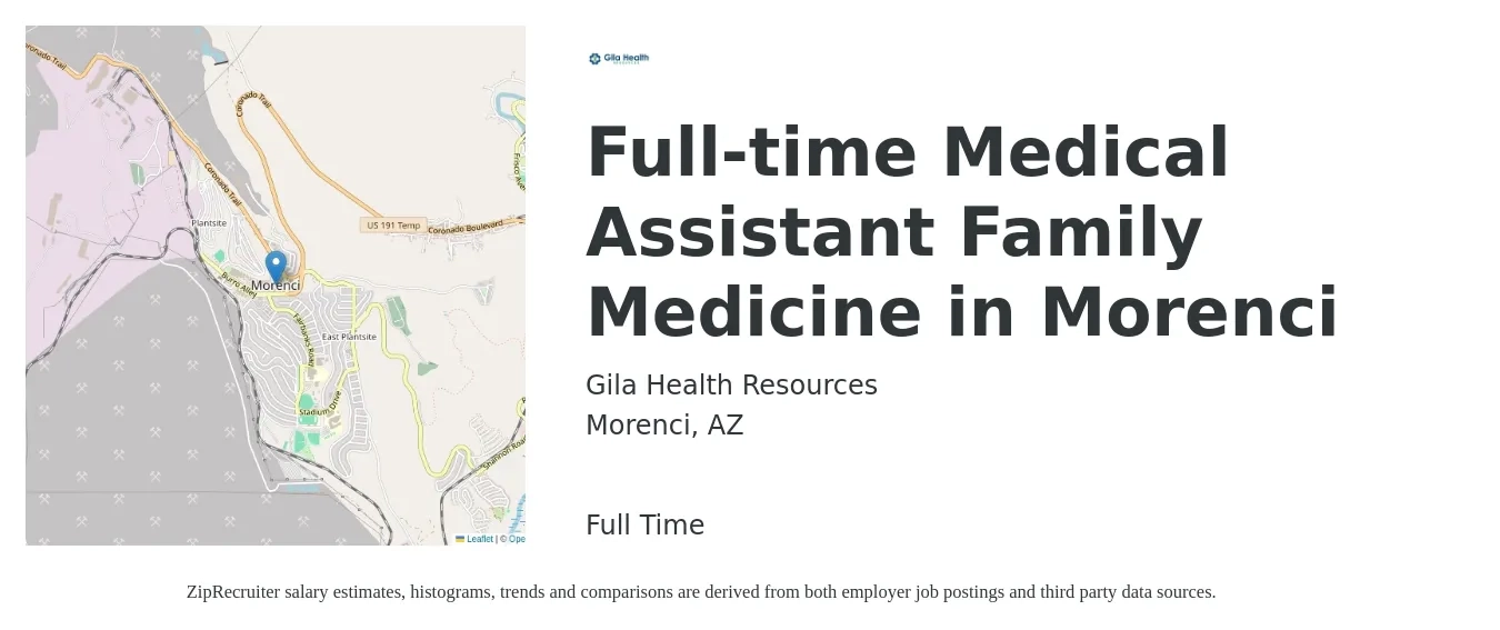 Gila Health Resources job posting for a Full-time Medical Assistant Family Medicine in Morenci in Morenci, AZ with a salary of $17 to $22 Hourly with a map of Morenci location.