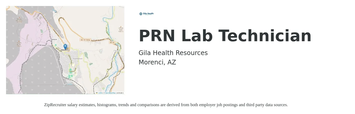 Gila Health Resources job posting for a PRN Lab Technician in Morenci, AZ with a salary of $18 to $25 Hourly with a map of Morenci location.