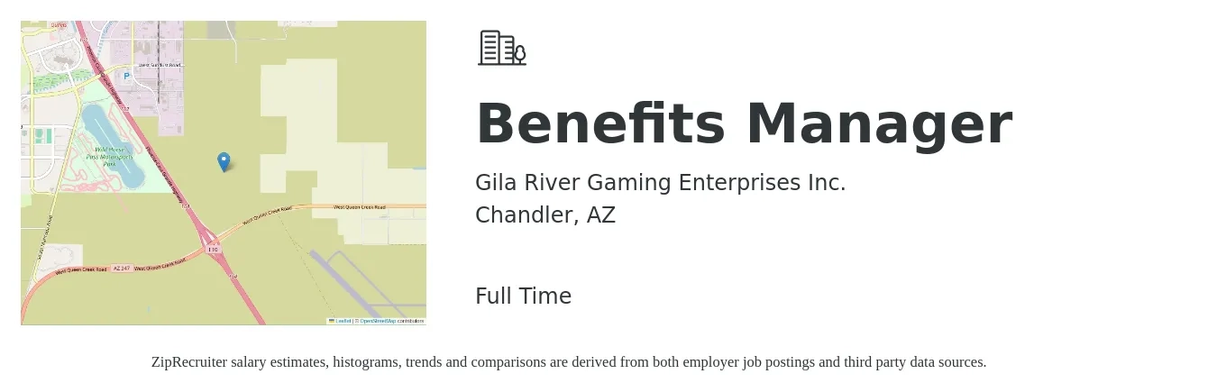 Gila River Gaming Enterprises Inc. job posting for a Benefits Manager in Chandler, AZ with a salary of $64,600 to $101,600 Yearly with a map of Chandler location.