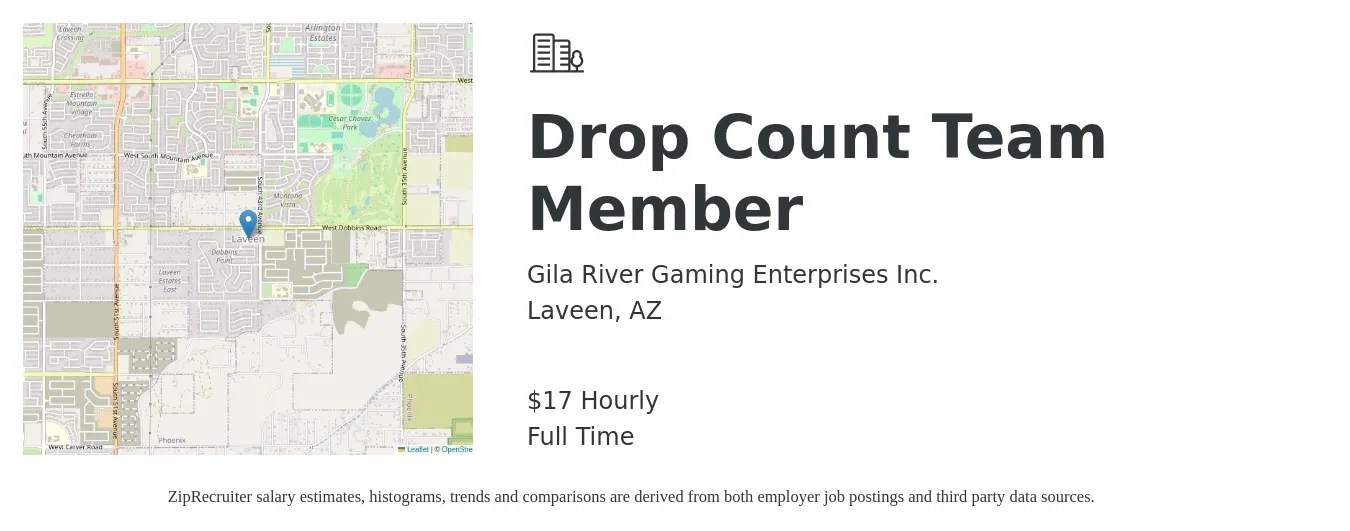 Gila River Gaming Enterprises Inc. job posting for a Drop Count Team Member in Laveen, AZ with a salary of $18 Hourly with a map of Laveen location.