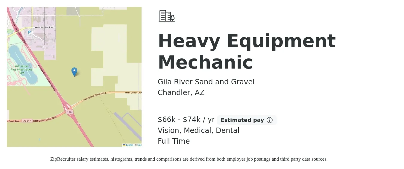 Gila River Sand and Gravel job posting for a Heavy Equipment Mechanic in Chandler, AZ with a salary of $66,000 to $74,000 Yearly and benefits including retirement, vision, dental, life_insurance, medical, and pto with a map of Chandler location.