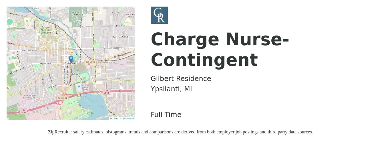 Gilbert Residence job posting for a Charge Nurse- Contingent in Ypsilanti, MI with a salary of $28 to $36 Hourly with a map of Ypsilanti location.
