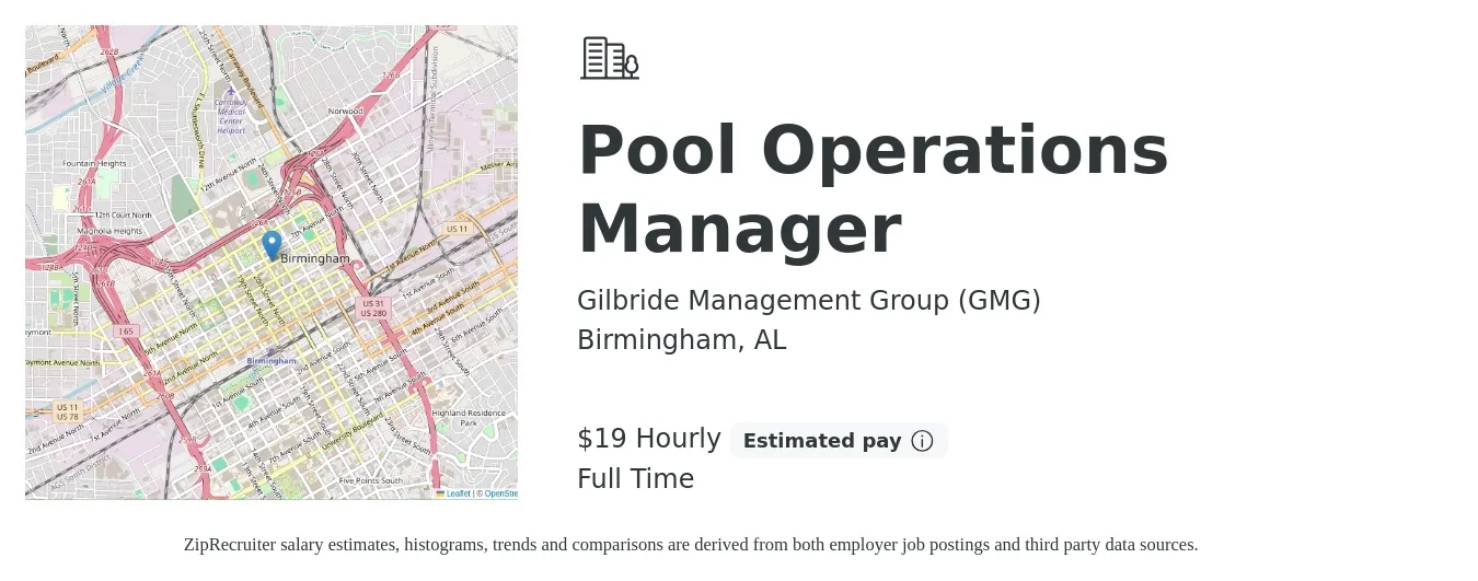 Gilbride Management Group (GMG) job posting for a Pool Operations Manager in Birmingham, AL with a salary of $20 Hourly with a map of Birmingham location.