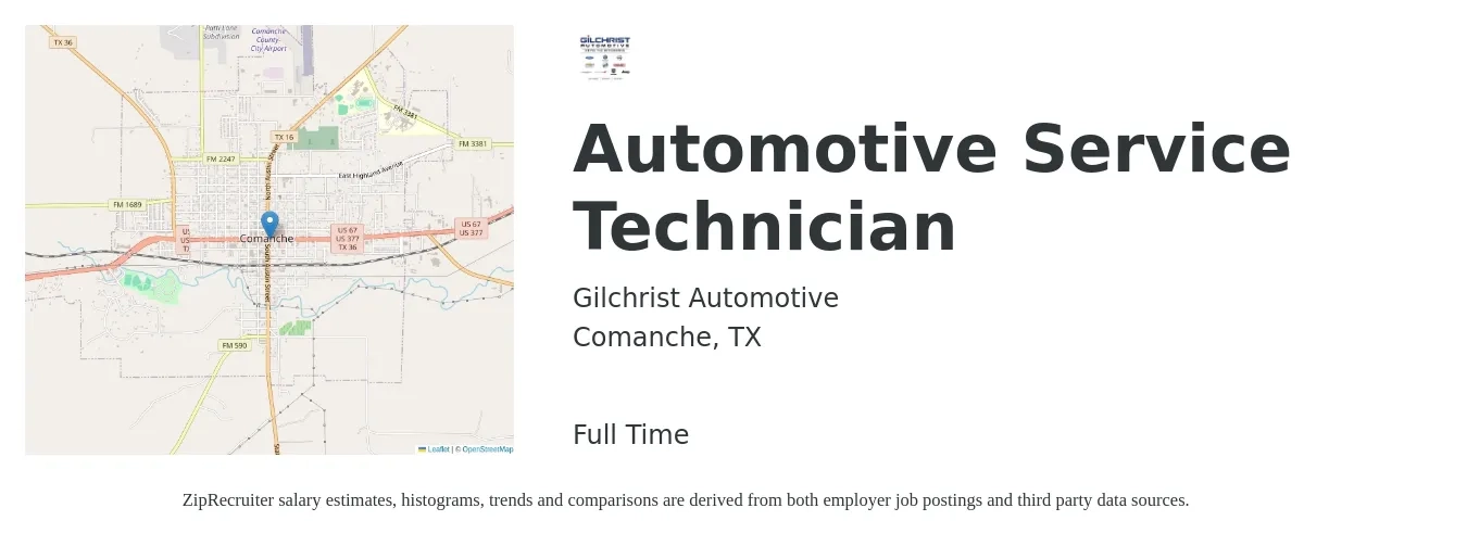 Gilchrist Automotive job posting for a Automotive Service Technician in Comanche, TX with a salary of $18 to $29 Hourly with a map of Comanche location.