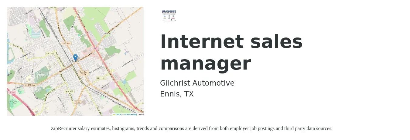 Gilchrist Automotive job posting for a Internet sales manager in Ennis, TX with a salary of $17 to $39 Hourly with a map of Ennis location.