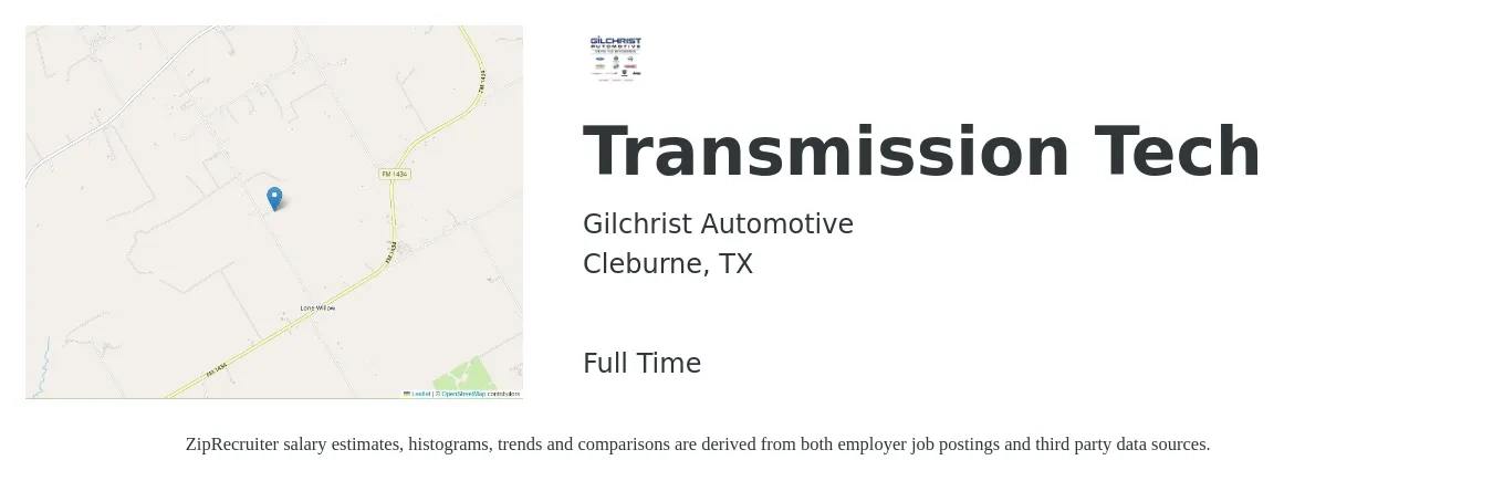 Gilchrist Automotive job posting for a Transmission Tech in Cleburne, TX with a map of Cleburne location.