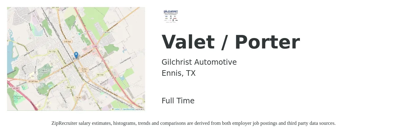 Gilchrist Automotive job posting for a Valet / Porter in Ennis, TX with a salary of $14 to $17 Hourly with a map of Ennis location.