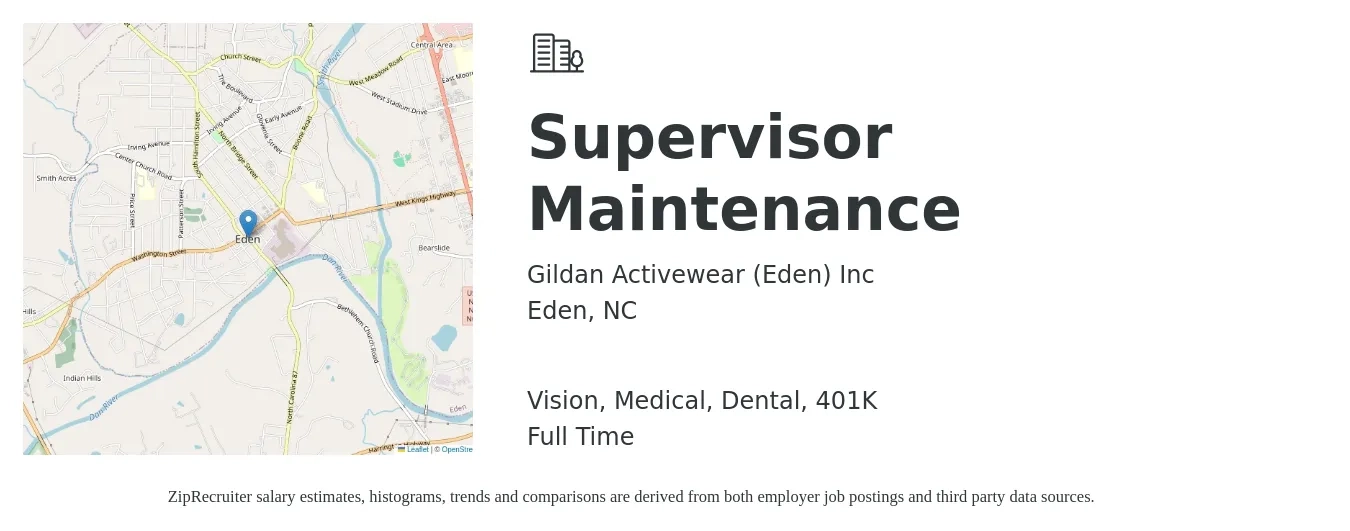 Gildan Activewear (Eden) Inc job posting for a Supervisor Maintenance in Eden, NC with a salary of $20 to $34 Hourly and benefits including 401k, dental, life_insurance, medical, and vision with a map of Eden location.