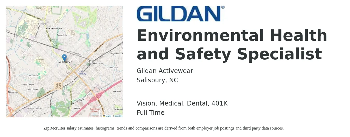 Gildan Activewear job posting for a Environmental Health and Safety Specialist in Salisbury, NC with a salary of $56,900 to $81,300 Yearly and benefits including 401k, dental, life_insurance, medical, and vision with a map of Salisbury location.