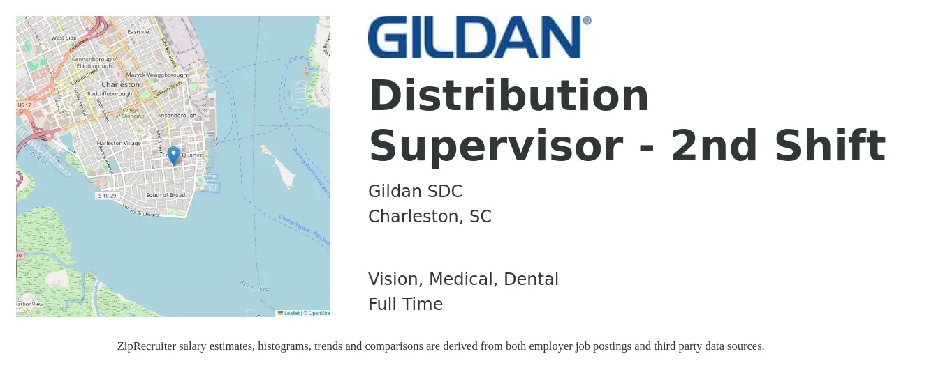 Gildan SDC job posting for a Distribution Supervisor - 2nd Shift in Charleston, SC with a salary of $54,700 to $78,100 Yearly and benefits including retirement, vision, dental, life_insurance, and medical with a map of Charleston location.