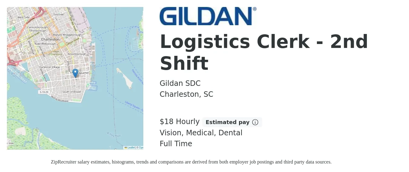 Gildan SDC job posting for a Logistics Clerk - 2nd Shift in Charleston, SC with a salary of $19 to $20 Hourly and benefits including vision, dental, life_insurance, medical, and retirement with a map of Charleston location.